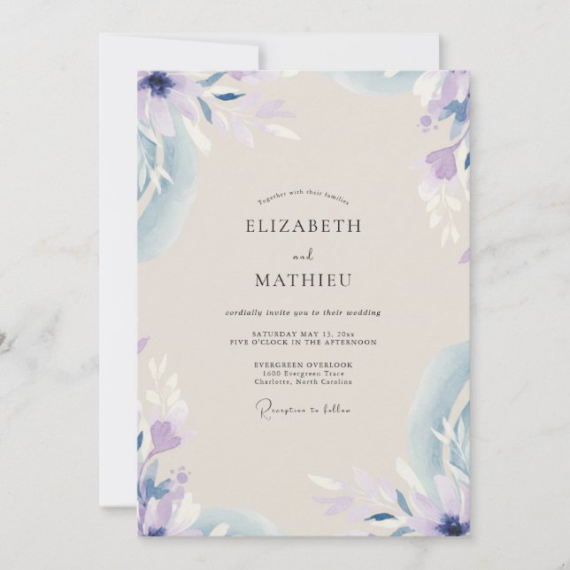 Periwinkle Lilac Petals Wedding Invitation (Front)