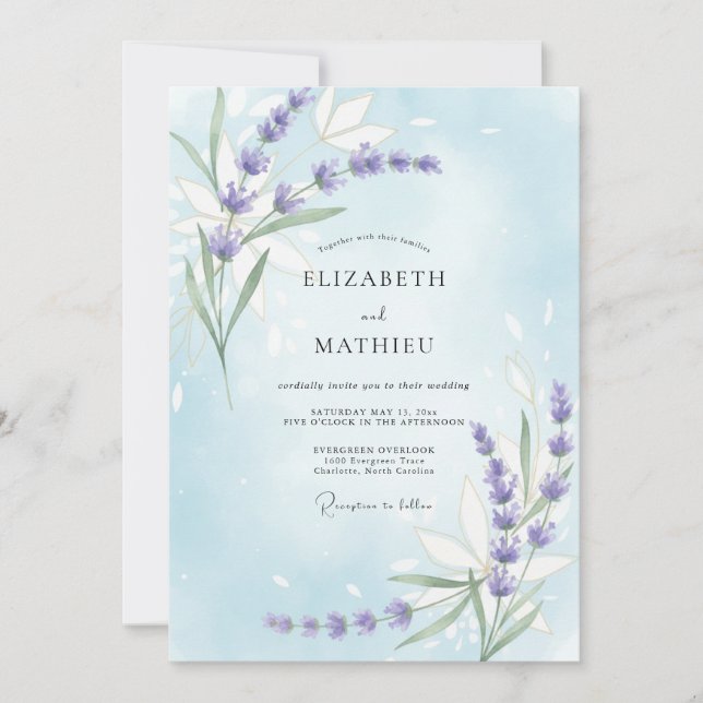 Periwinkle Lilac Sprig Eucalyptus Wedding Invitation (Front)