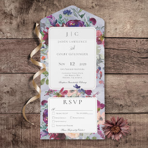 Periwinkle Maroon & Blush Rustic Floral Dinner All In One Invitation