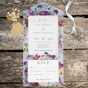 Periwinkle Maroon & Blush Rustic Floral No Dinner All In One Invitation