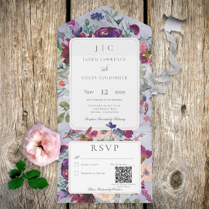 Periwinkle Maroon & Blush Rustic Floral QR Code All In One Invitation