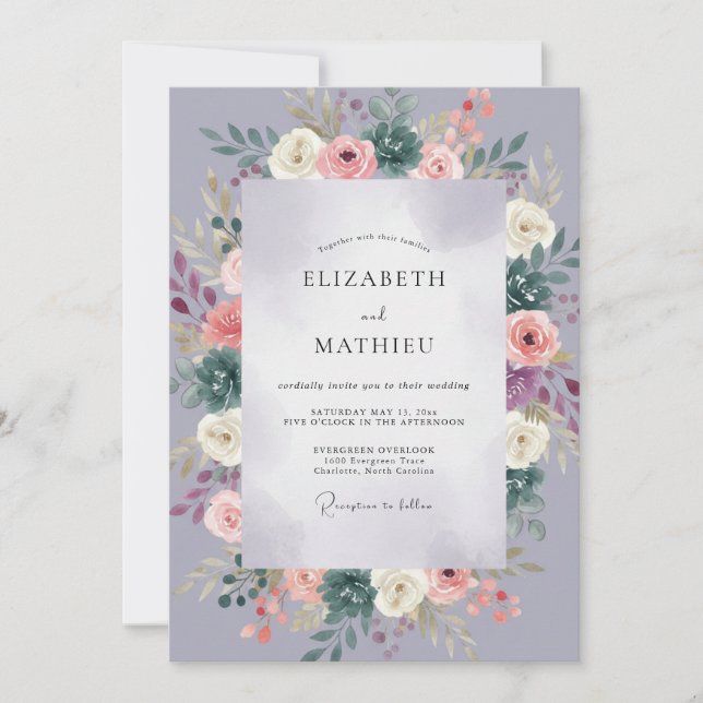 Periwinkle Mauve Succulent Eucalyptus Wedding Invitation (Front)