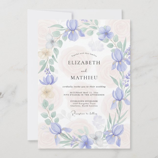 Periwinkle Mint Leafy Wedding Invitation (Front)