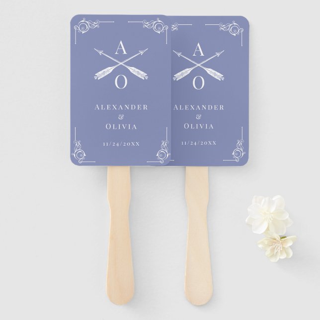 Periwinkle Monogram and Arrows Wedding Favour Hand Fan (Front and Back)