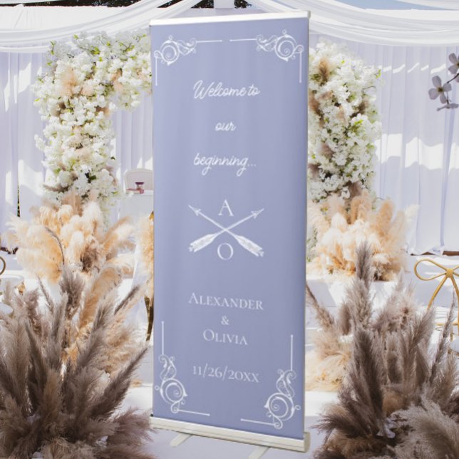 Periwinkle Monogram and Arrows Wedding Retractable Banner (Periwinkle Monogram and Arrows Wedding Welcome Banner)