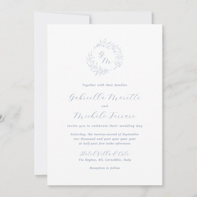 Periwinkle Monogram Photo Wedding Invite with RSVP (Front)