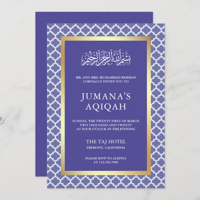 Periwinkle Moroccan Quatrefoil Pattern Aqiqah Invitation (Front/Back)
