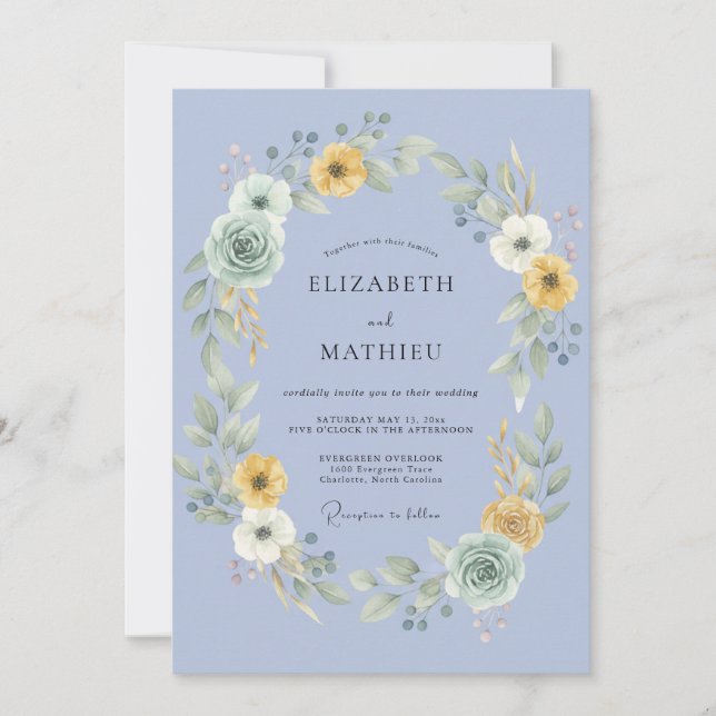 Periwinkle Mustard Wreath Wedding Invitation (Front)