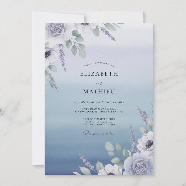 Periwinkle Muted Lavender Leafy Wedding Invitation (Front)