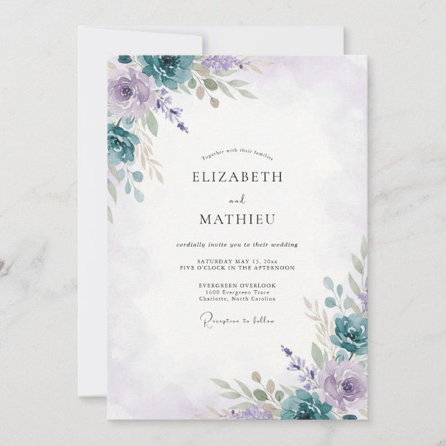 Periwinkle Muted Lilac Peony Wedding Invitation (Front)