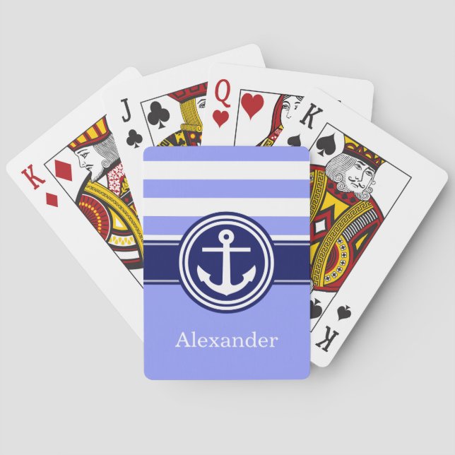 Periwinkle Navy Blue Nautical Stripe Anchor 1ICBR Playing Cards (Back)