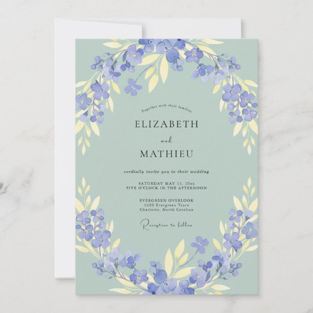 Periwinkle Olive Sage Leafy Wedding Invitation (Front)