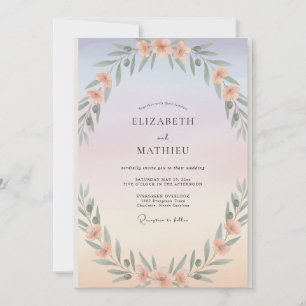 Periwinkle Peach Foliage Eucalyptus Wedding Invitation