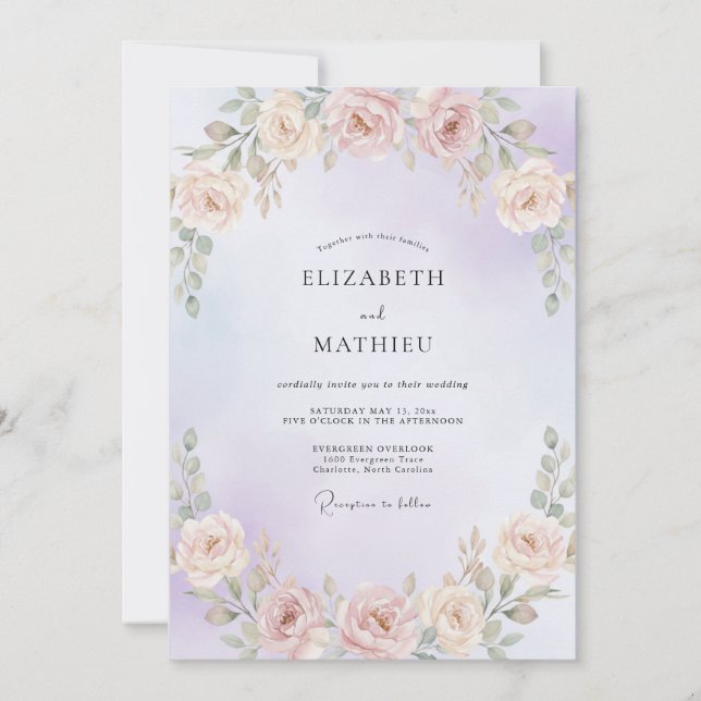 Periwinkle Peach Garland Wedding Invitation (Front)