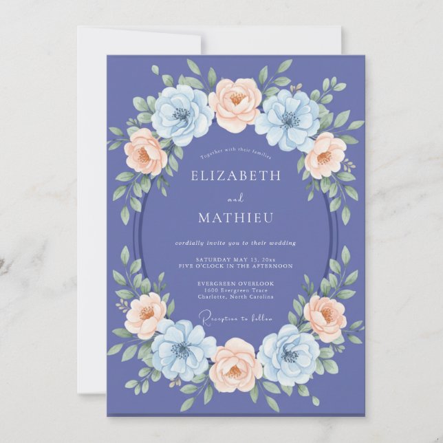 Periwinkle Peach Ranunculus Grey Eucalyptus Weddin Invitation (Front)