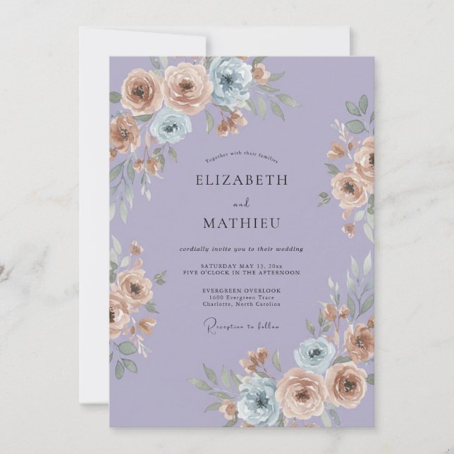 Periwinkle Peach Ranunculus Muted Eucalyptus Weddi Invitation (Front)