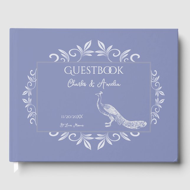 Periwinkle Peacock Flourish Wedding Guest Book (Front)