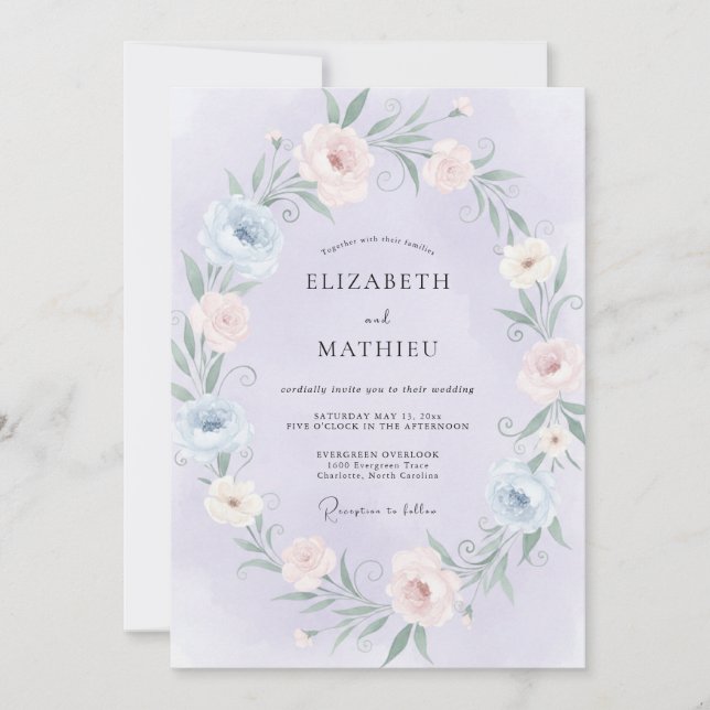 Periwinkle Petal Pink Wreath Wedding Invitation (Front)