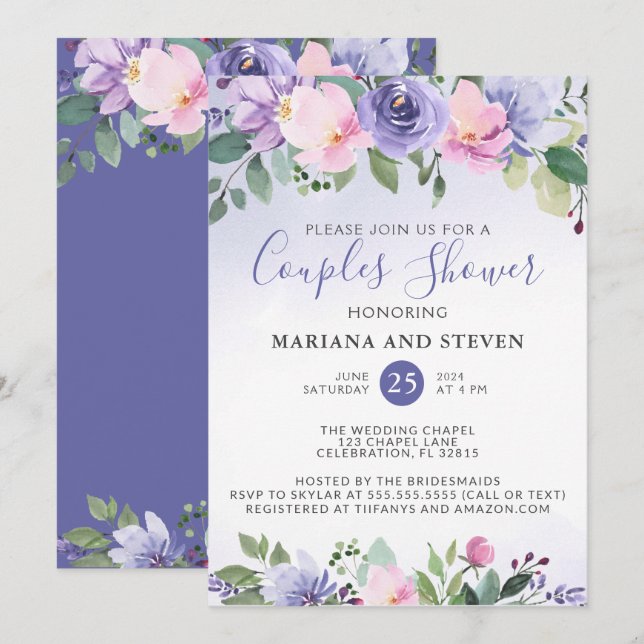 Periwinkle Pink Floral Wedding Couples Shower Invitation (Front/Back)