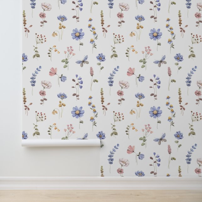 Periwinkle Pink Watercolor Wildflowers Butterfly  Wallpaper (Application)