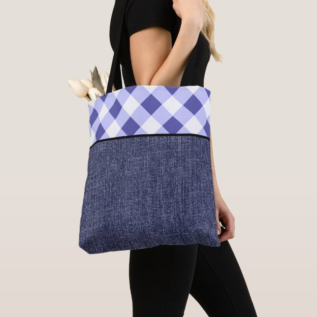 Periwinkle plaid and denim tote bag (Close Up)