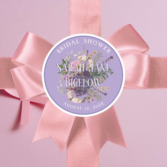 Periwinkle Pressed Wildflower Boho Bridal Shower C Classic Round Sticker (Lovely periwinkle lilac wildflower label for bridal shower gifts+ favors. A sticker anywhere!)