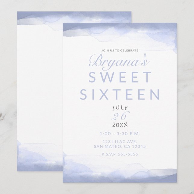 Periwinkle Purple Watercolor Modern Chic Sweet 16 Invitation (Front/Back)