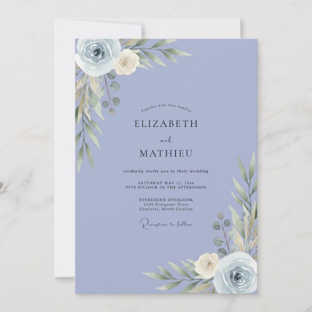 Periwinkle Ranunculus Soft Eucalyptus Wedding Invitation (Front)