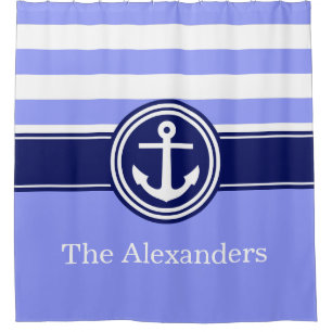 Periwinkle Rugby Stripe Anchor CB Monogram Navy Shower Curtain