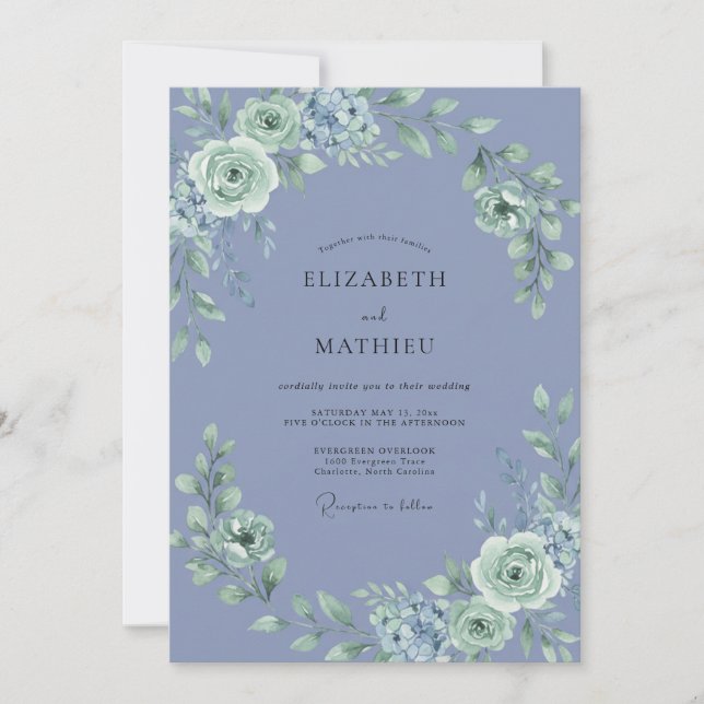 Periwinkle Seafoam Peony Wedding Invitation (Front)