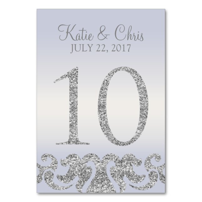 Periwinkle Silver Glitter Look Table Numbers-10 Number (Front)