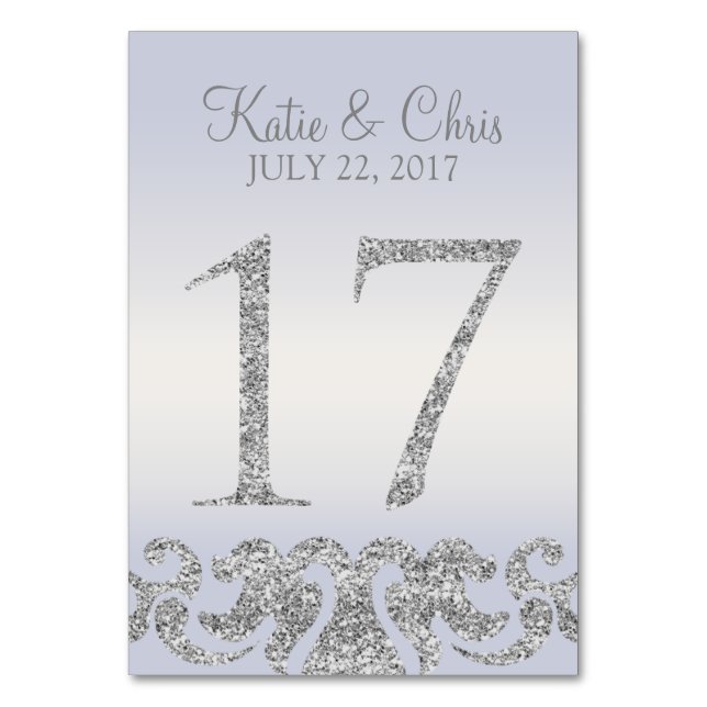 Periwinkle Silver Glitter Look Table Numbers-17 Number (Front)