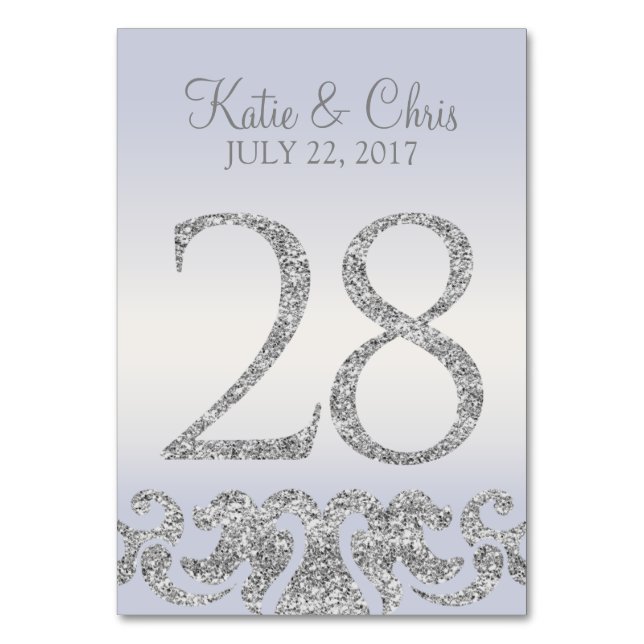 Periwinkle Silver Glitter Look Table Numbers-28 Number (Front)