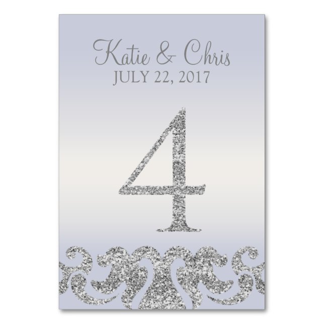 Periwinkle Silver Glitter Look Table Numbers-4 Table Number (Front)