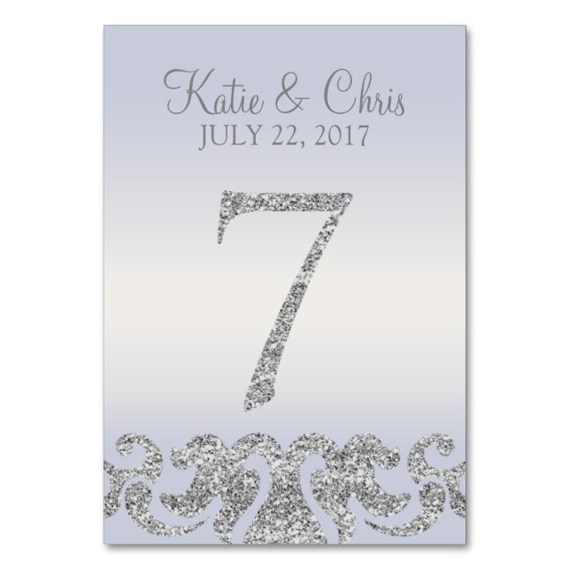 Periwinkle Silver Glitter Look Table Numbers-7 Number (Front)