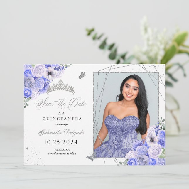 Periwinkle Silver Quinceañera Save The Date Photo Invitation (Standing Front)