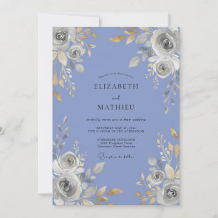 Periwinkle Silver Rose Wedding Invitation