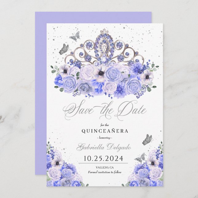 Periwinkle & Silver Save The Date Quinceañera Invitation (Front/Back)