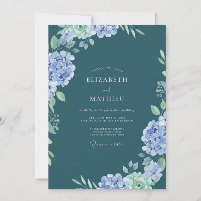 Periwinkle Slate Hydrangea Eucalyptus Wedding Invitation (Front)