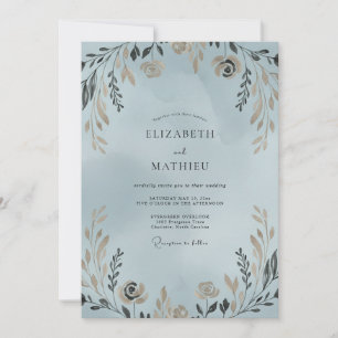 Periwinkle Soft Gold Wreath Wedding Invitation