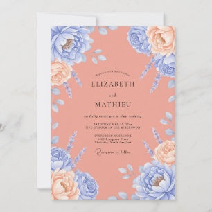Periwinkle Soft Peach Peony Wedding Invitation