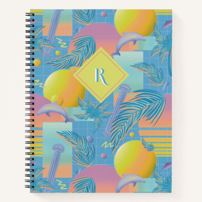 Periwinkle Summer Vaporwave Sunset and Palm Trees Notebook (Front)