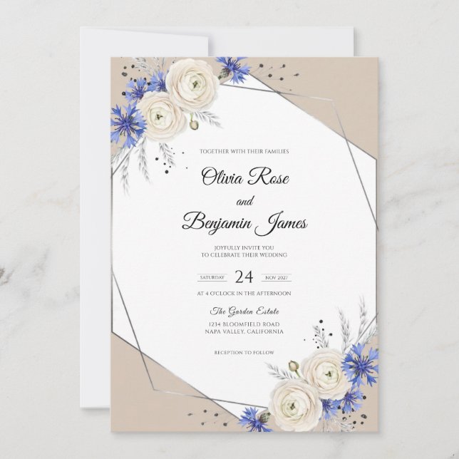 Periwinkle Taupe Leaf Wedding Invitation (Front)