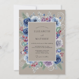 Periwinkle Taupe Peony Wedding Invitation