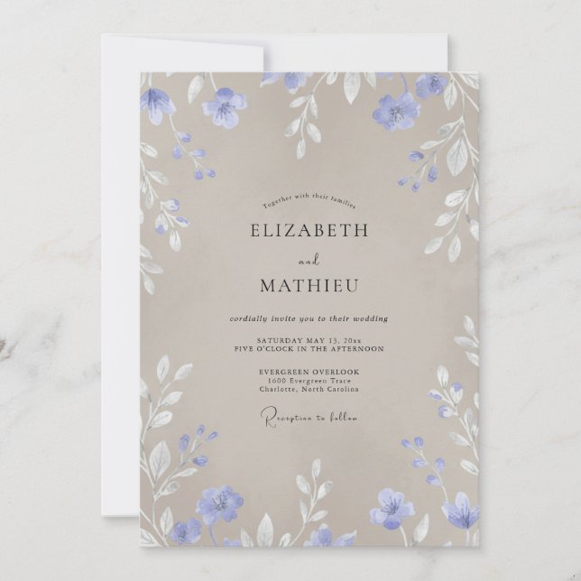 Periwinkle Taupe Wildflower Wedding Invitation (Front)