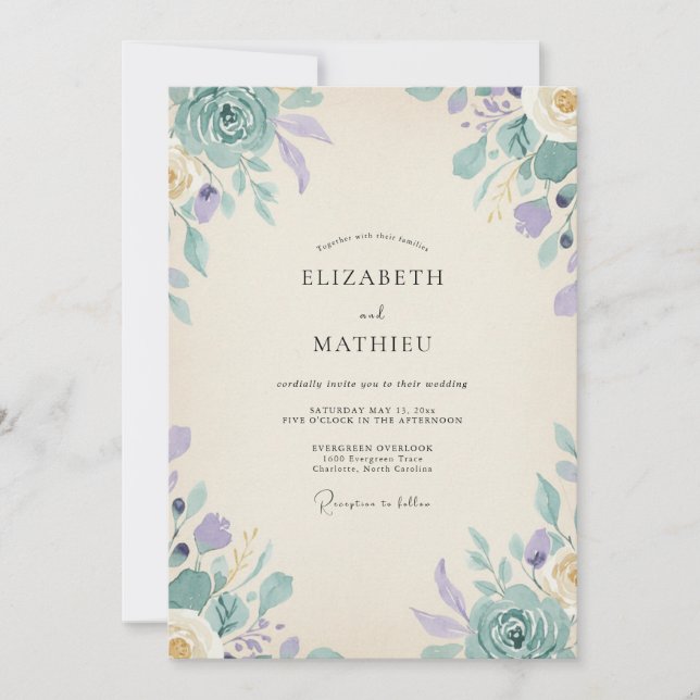Periwinkle Teal Foliage Eucalyptus Wedding Invitation (Front)