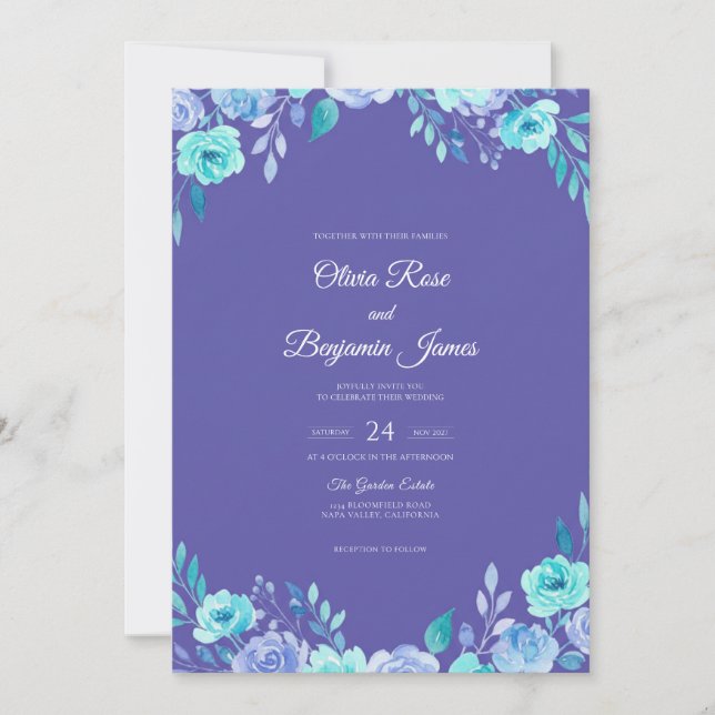 Periwinkle Teal Leaf Wedding Invitation (Front)