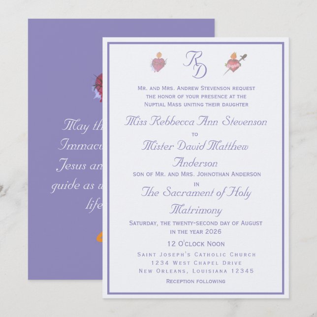 Periwinkle Two Hearts Catholic Wedding Invitation (Front/Back)
