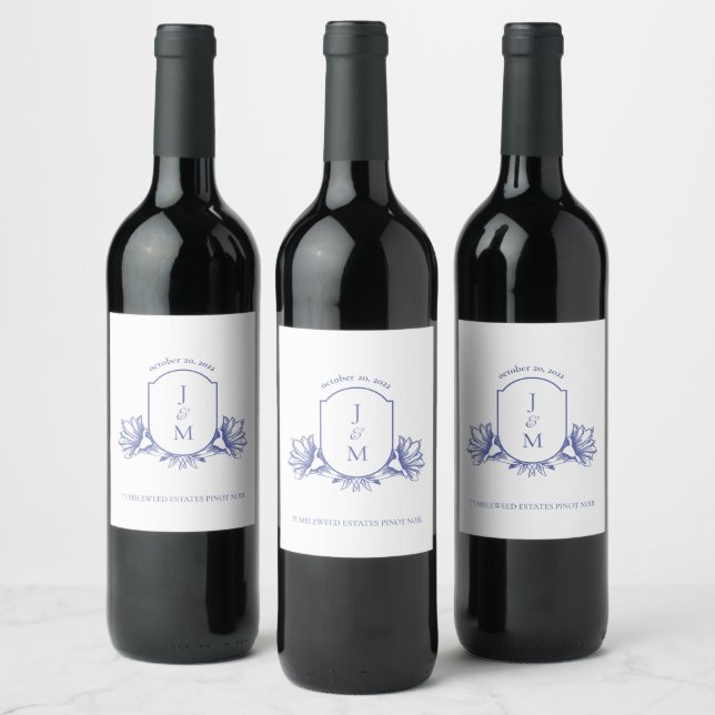Periwinkle Vintage Monogram Crest Wine Label (Bottles)