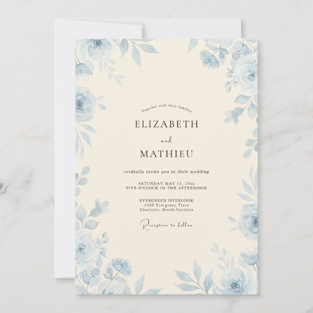 Periwinkle Warm Cream Peony Wedding Invitation (Front)